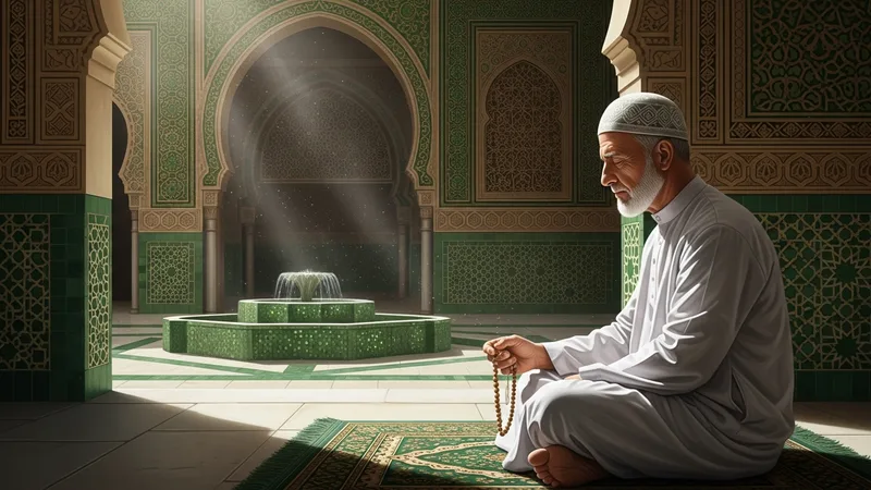 bir elinde tesbih olan yaşlı bir adamın cami avlusunda dua ederken fotoğrafı