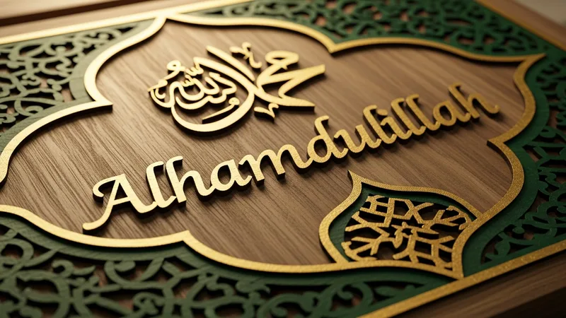 Elhamdülillah yazılı duvar süsü, ahşap zemin üzerinde