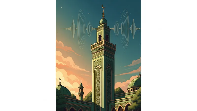 cami minaresinden yükselen ezan sesi illüstrasyonu, altın renkli detaylar