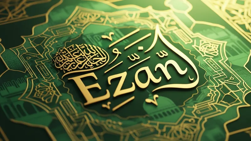 hat sanatı ile yazılmış 'Ezan' kelimesi, yeşil ve altın tonlarında