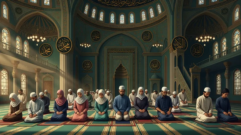 cami içinde namaz kılan cemaat, huzurlu bir atmosfer