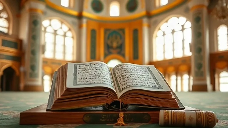 Enfal Suresi okunuşu ve anlamı için açık Kur-an ve tesbih ile cami ortamı