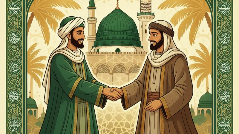 Medine de Ensar ve Muhacir kardeşliğinin sembolik bir tasviri, bir Muhacir ve bir Ensar el sıkışırken, arka planda Medine Mescidi ve hurma ağaçları, İslami sanat tarzında, yeşil ve altın tonlarında.