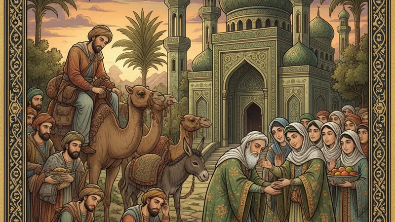 Hicretin zorlu yolculuğunu ve Ensarın sıcak karşılamasını tasvir eden bir sahne. Muhacirler yorgun argın gelirken Ensar onları kucaklıyor, İslami minyatür sanatından esinlenilmiş, detaylı ve canlı renklerle.