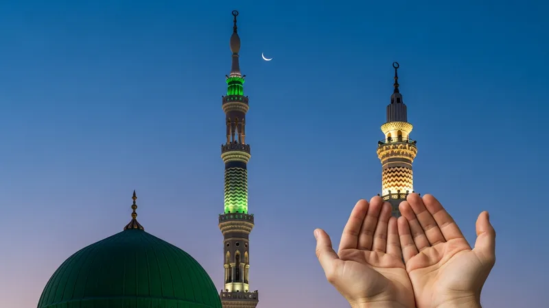 Camii minaresi ve dua eden eller çizimi (Islamic art style)