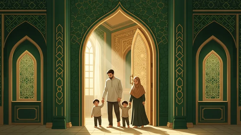 Eve girerken dua eden bir ailenin çizimi, İslam sanatı