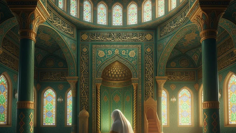 Ezan sonrası dua eden bir kişi, İslami sanat tarzında, yeşil ve altın tonlarında