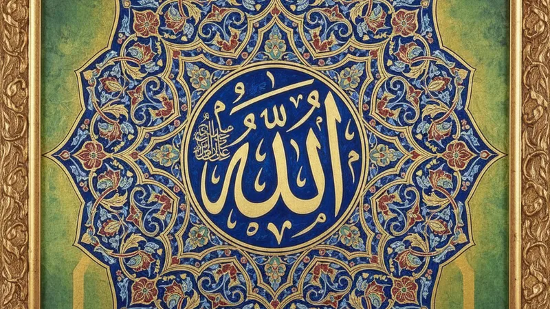 İslami sanat tarzında, arabesk desenlerle çevrili, Allah yazılı güzel bir hat sanatı, zengin mavi ve altın tonları