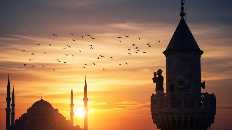Ezan okuyan bir müezzin görseli, cami minaresi silüetiyle birlikte