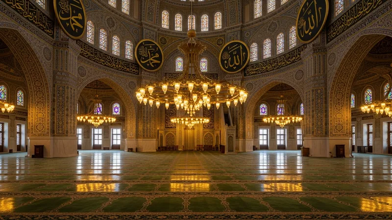 Cami minaresinden yükselen ezan sesi illüstrasyonu, gün batımı fonuyla birlikte