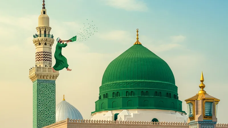 Bir müezzinin cami minaresinden ezan okurken tasvir edildiği İslam sanatı tarzında bir resim. Cami kubbesi ve minaresi yeşil ve altın tonlarında, gökyüzü pastel renklerde.