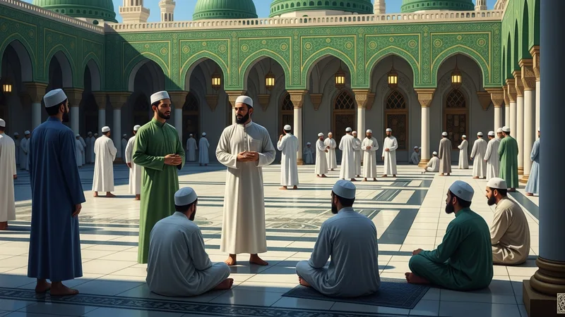 Bir cami avlusunda, farklı yaşlardan Müslümanların bir araya gelerek namaz öncesi sohbet ettikleri, İslam sanatı tarzında bir sahne. Huzurlu bir atmosfer, yeşil, altın ve mavi tonları hakim.