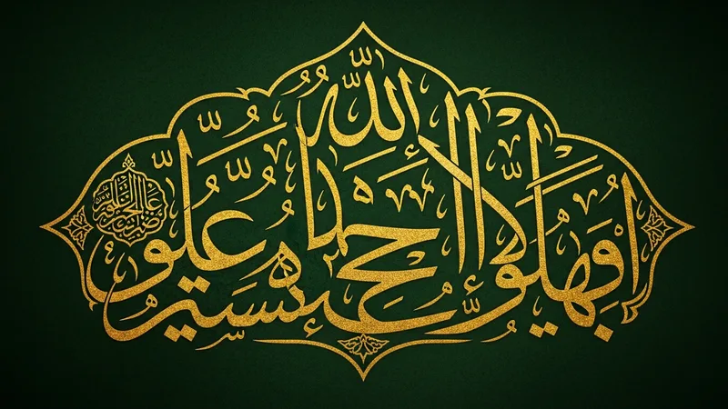 Fatiha Suresi'nin Arapça hat sanatı ile yazılmış bir görseli, altın rengi detaylar