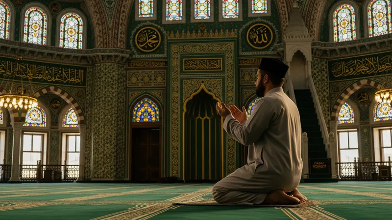 Namaz kılan bir müslüman, elleri açık dua ediyor, cami içinde