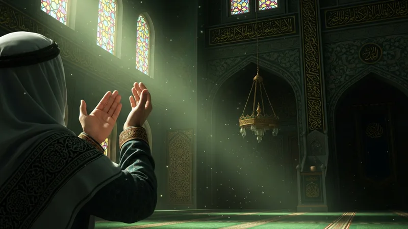 Bir Müslüman'ın ellerini açmış dua ederkenki görseli, huzurlu bir atmosferde, cami içinde