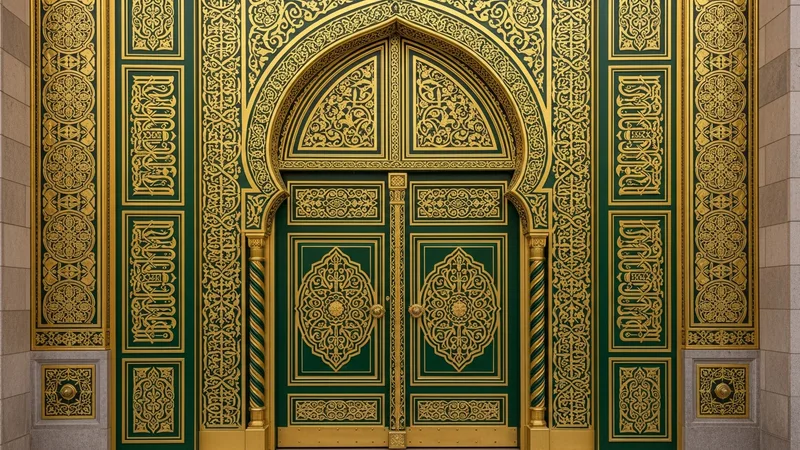Altın rengi detayları olan, İslam motifleriyle süslenmiş bir cami kapısı, umut ve aydınlığı simgeliyor
