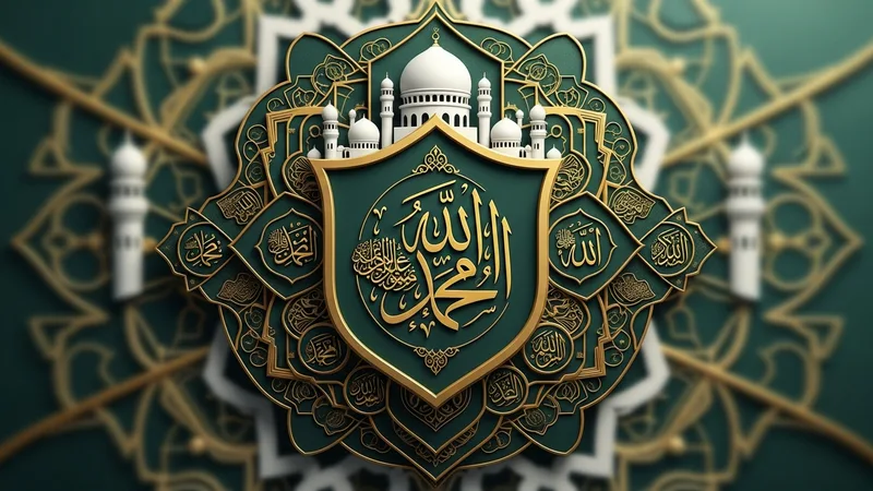 yeşil ve altın renklerinde, cami detaylarını içeren soyut bir İslami sanat eseri