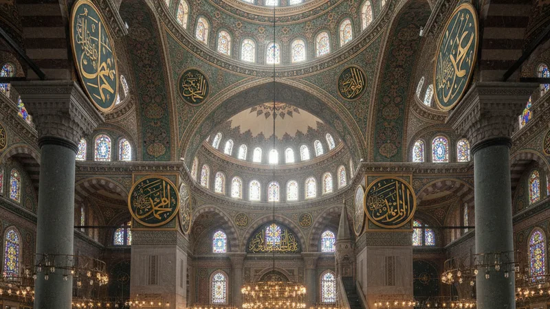 Fetih Suresi'nin nurani atmosferini yansıtan bir görsel, İslami sanat tarzında, yeşil ve altın renklerin hakim olduğu bir cami iç görünümü.
