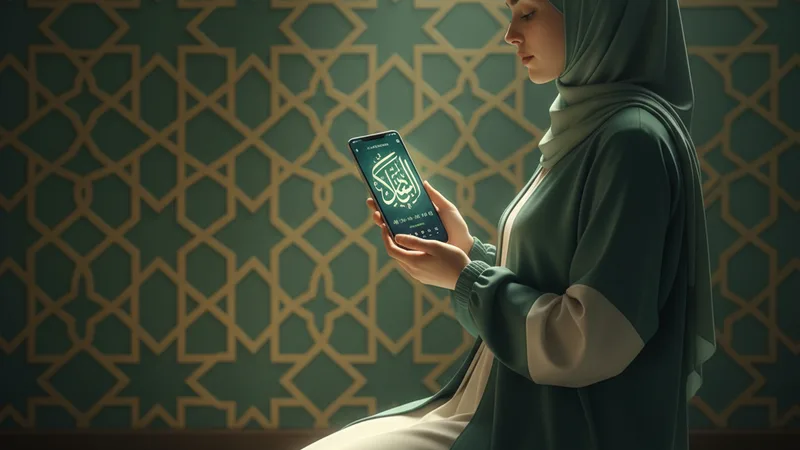 Modern bir Müslümanın, dijital bir zikirmatik uygulaması kullanarak Fetih Suresi'ni okurken huzur içinde tasvir edilmesi, İslami sanat esintileriyle.