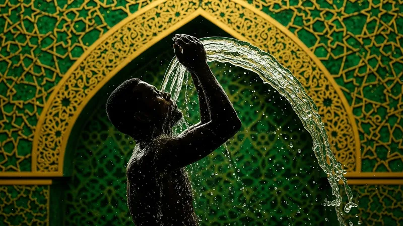 Gusül abdesti alan bir kişinin silüeti, su damlalarıyla çevrili, İslami motiflerle süslenmiş