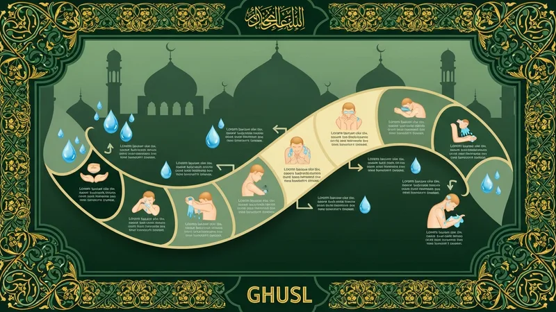 Gusül abdesti adımlarını gösteren bir infografik, İslami desenlerle süslenmiş