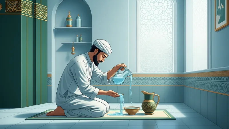 Gusül abdesti alan bir erkek figürünün İslam sanatıyla stilize edilmiş çizimi