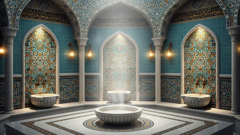 Osmanlı dönemine ait bir hamamın iç tasarımının detaylı çizimi, altın ve turkuaz renkler hakim