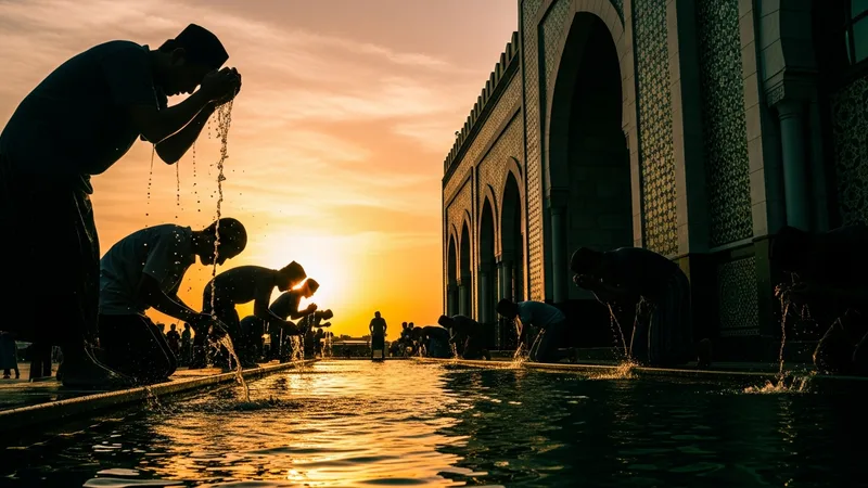 Bir cami şadırvanında abdest alan müminlerin silüeti, gün batımı ve altın renk tonları hakim