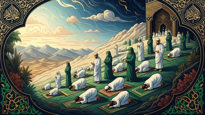 Hacılar Arafat'ta dua ederken, İslam sanatı tarzında çizilmiş