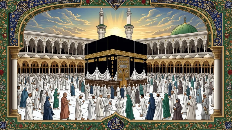 Kabe'nin etrafında dönen hacıların İslam sanatı ile çizilmiş illüstrasyonu