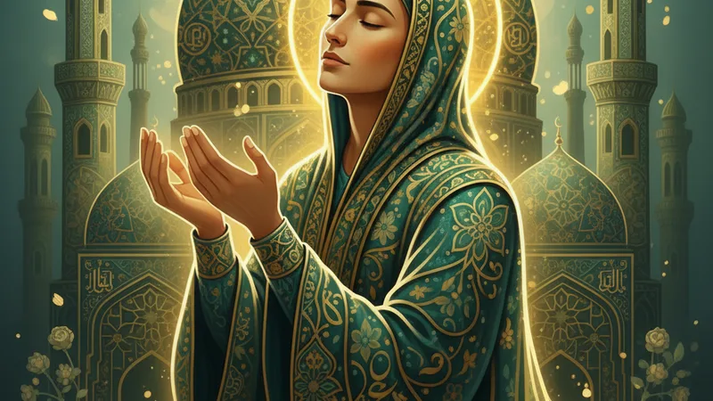Namaz kılan bir müslüman, el açmış dua ediyor, etrafında nurani bir atmosfer var. İslami sanat tarzında, yeşil ve altın tonlarında.
