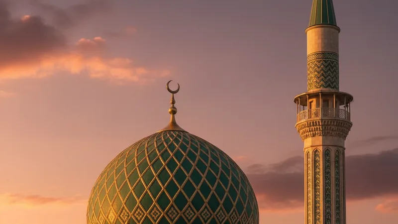 Bir cami minaresi ve kubbesi, gün batımında altın rengi ışıklarla aydınlanmış. İslami mimari detayları, huzurlu bir atmosfer.