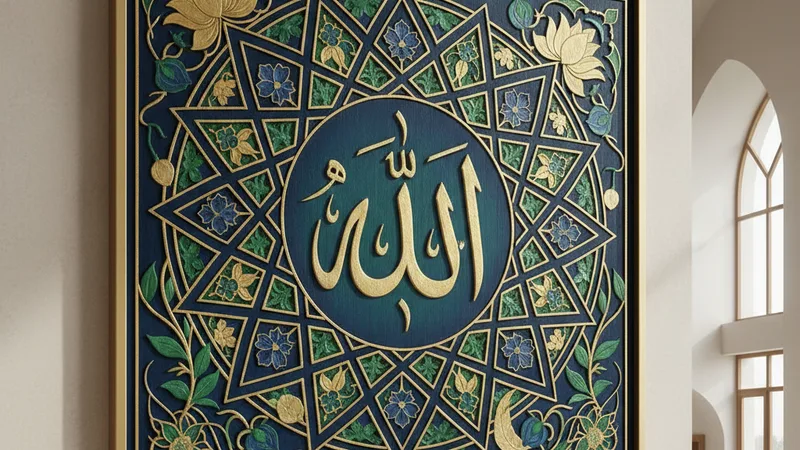 Modern bir İslami sanat eseri, kaligrafi ile yazılmış 'Allah' lafzı, soyut desenlerle çevrili. Huzur verici, minimalist tasarım.