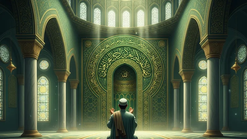 Hacet namazı kılan bir mümin, ellerini açmış dua ediyor. Yeşil ve altın renk tonları hakim.