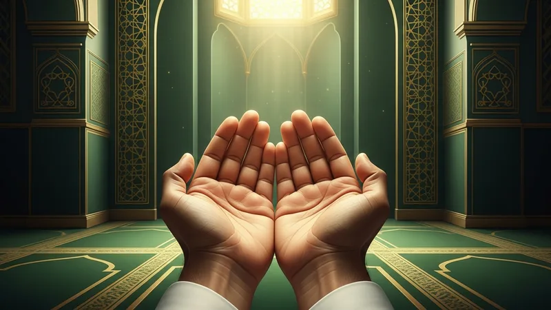 Namaz kılarken ellerini açmış dua eden bir kişi. Camii içi, loş ışık, manevi atmosfer.