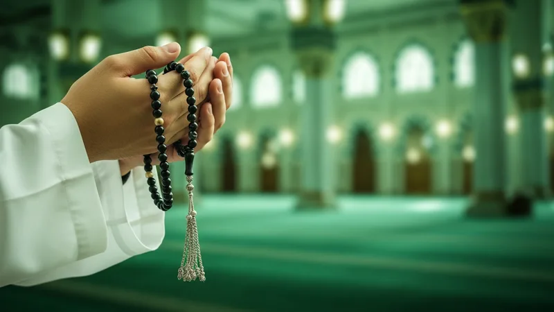 Hacet namazı sonrası dua eden eller, tesbih taneleri arasında. Yeşil tonlar, huzurlu bir atmosfer.