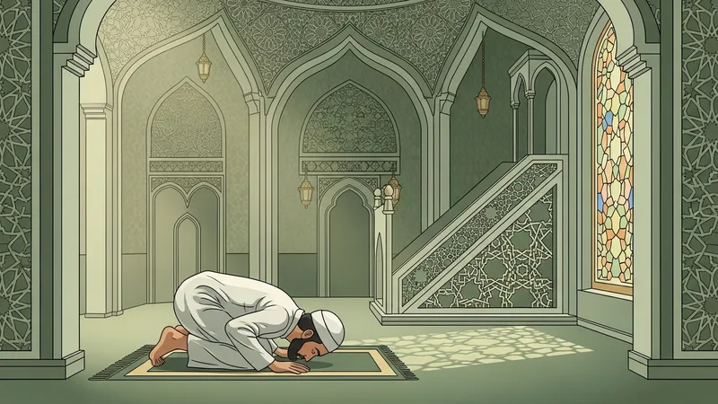 Namaz kılan bir Müslüman'ın silüeti, cami içinde huşu içinde secde ederken