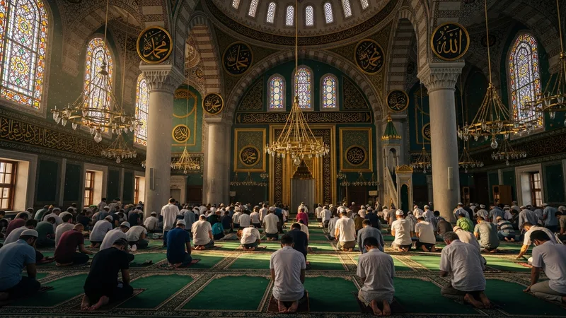 Cami içinde yatsı namazı kılan cemaat, imamın arkasında saf tutmuş