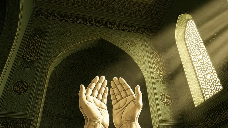 Hatim duası eden eller, cami içinde huzurlu bir atmosfer