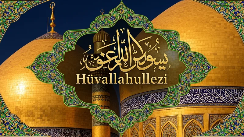 Hüvallahullezi ayetinin hat sanatı ile yazılmış bir görseli, altın ve yeşil renk tonlarında