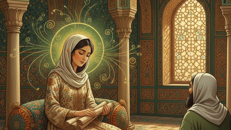 Hz. Aişe'nin gençliğini ve ilim öğrenmeye olan hevesini gösteren İslami sanat tarzında bir resim