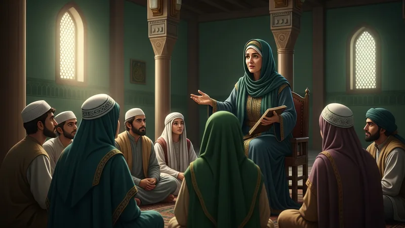 Hz. Aişe'nin bir grup öğrenciye ders verirken, bir medrese ortamında, İslami minyatür sanatıyla tasvir edilmiş hali