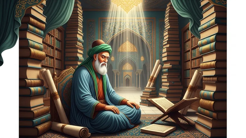 Hz. Ali'nin ilmini ve hikmetini temsil eden kitaplar ve kalemlerle dolu bir kütüphane tasviri