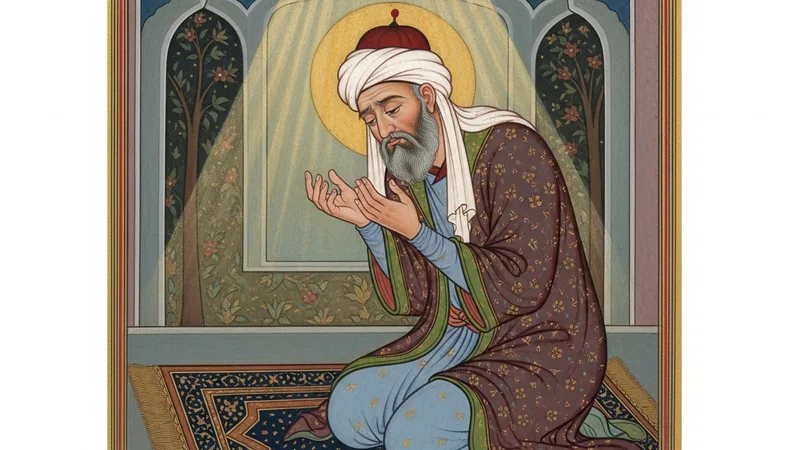 Hz. Eyüp’ün dua ederken tasvir edildiği, hüzünlü ama umut dolu bir anı yansıtan İslami minyatür. Yüzünde teslimiyet ve tevekkül okunuyor, etrafı hafif bir ışıkla aydınlatılmış.
