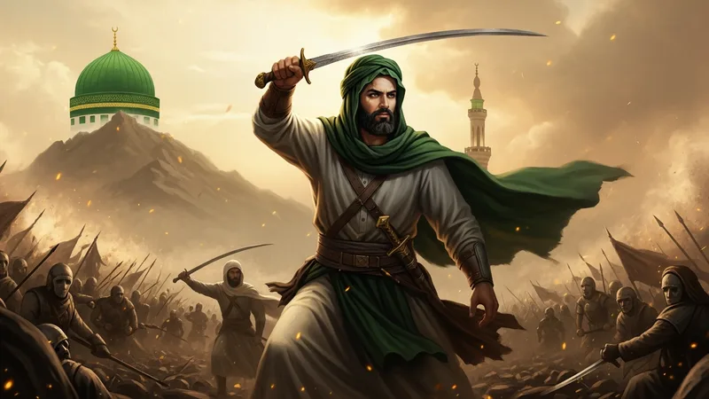 Uhud Savaşı'ndaki Hz. Hamza'nın kahramanlığını ve şehadetini anlatan, ancak trajediden çok onuru vurgulayan bir görsel. Savaş meydanında, kılıcıyla cesurca mücadele ederken, etrafında savaşın yoğunluğu. Yüzünde kararlılık, ardında Uhud Dağı'nın silüeti. Islamic art style, dynamic composition, warm earthy tones, a sense of epic struggle and sacrifice.