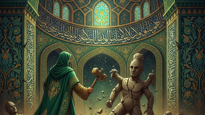 Hz. İbrahim'in putları kırdığı sahneyi tasvir eden İslami sanat eseri, yeşil ve altın tonlarında, detaylı minyatür tarzında.