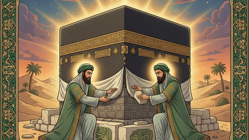 Hz. İbrahim ve Hz. İsmail'in Kâbe'yi inşa ederken dua ettikleri anı tasvir eden, huzurlu ve manevi bir İslami sanat eseri.
