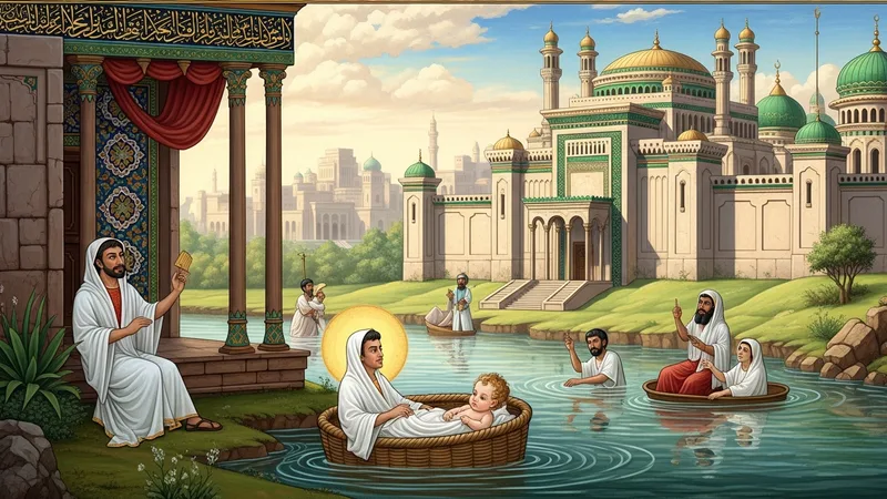 Hz. Musa'nın Nil Nehri'ne bırakılması ve Firavun'un sarayı önünde bulunması, İslami sanat tarzı