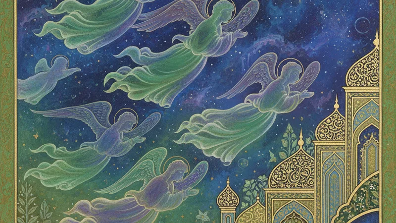 İslami mimaride melekleri temsil eden soyut motifler, cennet bahçelerini andıran bir arka plan üzerinde, huzur ve uhreviyet atmosferi veren, mavi ve gümüş tonlarında bir görsel.