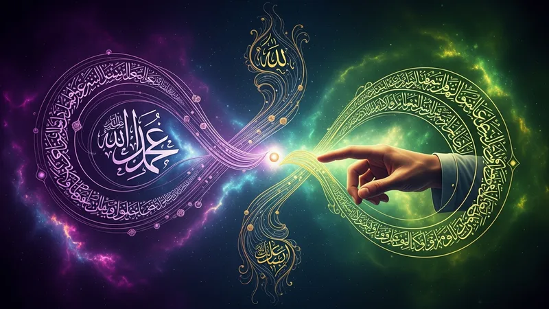 Kadere imanı simgeleyen, göksel bir el yazması ve insan eli arasında bir dengeyi gösteren, soyut ve derin anlamlı bir İslami sanat çalışması, mor ve altın rengi detaylarla.
